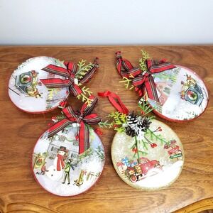 Snow Globe Style Christmas Ornaments Farmhouse Plaid Red Set of 4